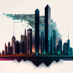 A city skyline with tall buildings abstract, with data in the sky and a white background. Generative AI