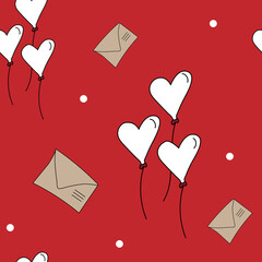 Vector. Seamless pattern with hand drawn envelope and heart shaped balloons. Cartoon background for Valentine's Day, Birthday, women's day and wedding design. Postcards, invitations, packaging.
