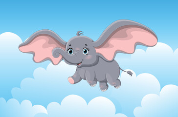 Flying elephant in sky. Fantasy and imagination, animal with large gray trunk flies on its ears. Greeting card for children. Fairy tale and fictional character. Cartoon flat vector illustration