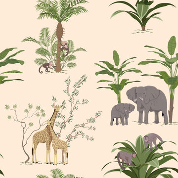 Jungle animal wallpaper seamless pattern. Repeating design element for printing on fabric. Giraffe, elephant and monkeys near trees, feldora and fauna, wild life. Cartoon flat vector illustration