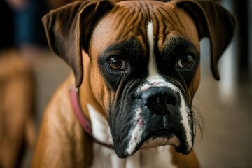 A portrait of a Boxer at home looking at the camera. Curious and shy look.