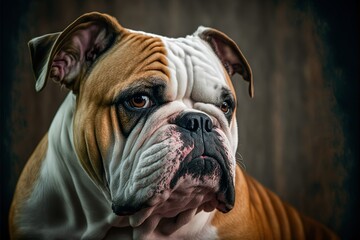 A portrait of a Bulldog in the studio. Shy and mysterious look.
