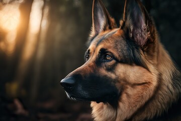 A portrait of a German Shepherd outdoors. Alert and mysterious look.