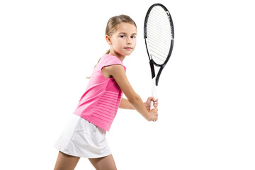 Young female tennis player in pink outfit. Little girl posing with racket and ball isolated on...
