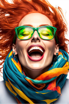 Photorealistic Illustration Of Red Hair Woman Laughing Out Loud