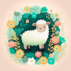 Naklejka premium sheep with a bunch of flowers