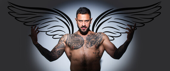 Photo banner of sexy man angel with wings for valentines day. Brutal angry gang man lifestyle,...