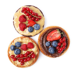 Tasty organic rusks and rice cake with different toppings on white background, top view