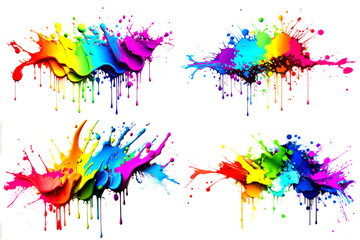 4 Colorful Ink paint splash brushes. splatter paint splattered spray. Spray paint isolated on White Background. Drips ink splatters, Inkblots set.