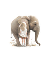 Girl standing in front of  a baby elephant. Generative AI.
