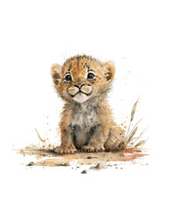 Obraz premium Cute baby lion cub sitting on a dirt patch. Generative AI.