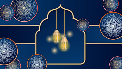 Modern realistic three-dimensional blue and gold arabic islamic ramadan ornamental background