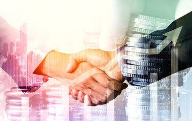Business handshake on finance prosperity and money technology asset background . Economy and...