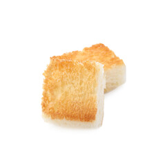 Two delicious crispy croutons on white background