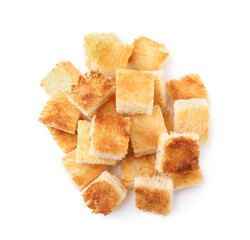 Delicious crispy croutons on white background, top view