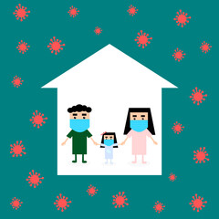 Family stay home to prevent the coronavirus. Virus protection concept. Vector illustration.