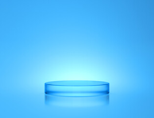 Display podium circle cylinder light blue clear glass on glow light bright blue background. crystal stage clean cool bright. product stand or pedestal for beauty cosmetic, skin care. 3D Illustration.