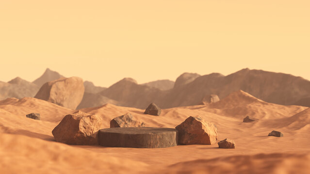 Mars rock group copper, brown and black. Arid landscape mountain range dusty sand dunes platform podium surface rough stone stand display product backdrop rock volcanic on planet. 3D Illustration.