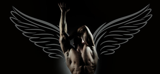 Naked muscular angel. Photo banner of sexy man with wings for valentines day. Sexy man with muscular body and bare torso. Muscular shirtless man, attractive guy. Athletic man, fitness model.