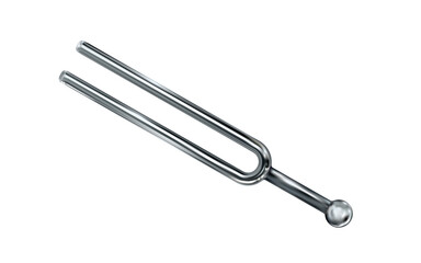 Tuning fork, realistic metal musical equipment. Acoustic resonator isolated. Chrome object for tuning music instruments. 3D vintage tool, detailed.png © Nanotrillion