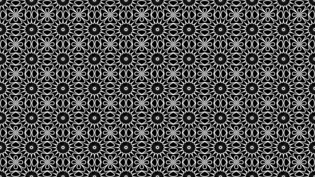Flowers and suns tile filled pattern on black background loop. Creative hypnotic design backdrop. Hipnosis dynamic loop pattern.