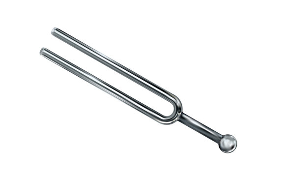 Tuning fork, realistic metal musical equipment. Acoustic resonator isolated. Chrome object for tuning music instruments. 3D vintage tool, detailed.png