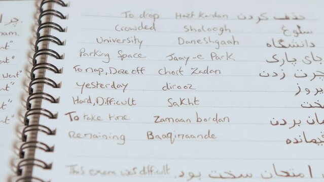 Opening notepad revealing Persian (Farsi) Language learning word list
