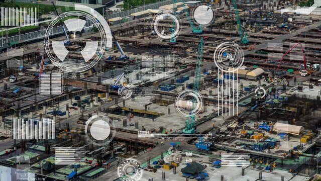 Construction technology concept with alteration graphic over construction site showing concept of automation and remote wireless machine control by using futuristic HUD in a computer software .
