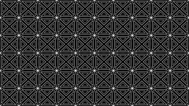 Crosses with triangles turning into shining stars tile filled pattern on black background loop. Creative hypnotic design backdrop. Hipnosis dynamic loop pattern.