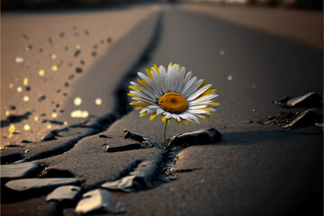 Daisy flower in the asphalt. Concept of resilience, perseverance and effort. Generative AI.