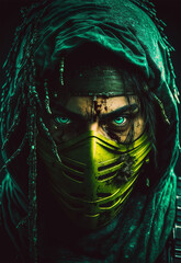 green samurai ninja, deadly warrior in the shadows, terrifying assassin.created by AI.