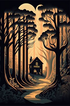 Beautiful tree-house in the forest, flat vector illustration made with Generative AI