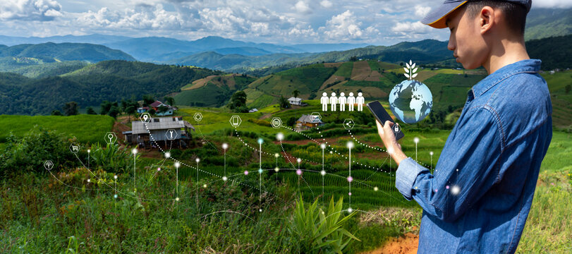 Global communication technology with icon and smartphones, Business young man.