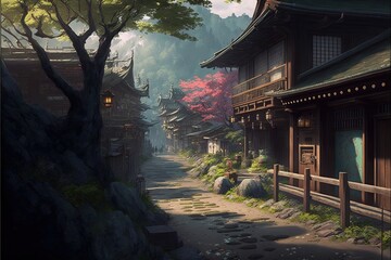 Fantasy Japanese Village Background, Concept Art, Digital Illustration