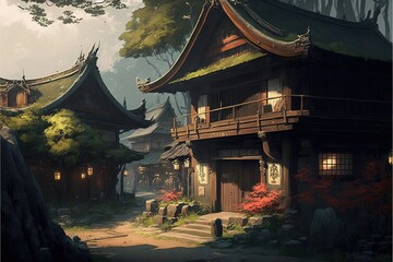 Fototapeta premium Fantasy Japanese Village Background, Concept Art, Digital Illustration