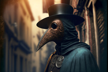 Plague doctor. Physician who treated bubonic plague. Pandemic concept. Generative AI.