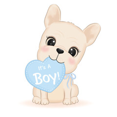 Cute French Bulldog and blue heart illustration
