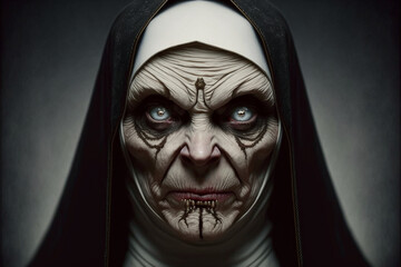 Scary nun, monster, devil or demon. Possessed woman. Generative AI.