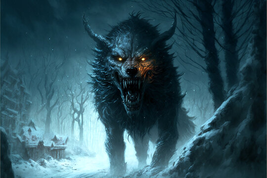 Fenrir, a giant wolf. Monster or demon wolf. Generative AI.