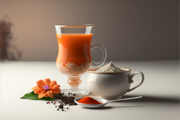 Thai tea or thai drink, made from milk, sugar and Ceylon. Generative AI. - obrazy, fototapety, plakaty