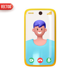Mobile phone video communication on screen happy man. Chat friends live. Mobile application for video calls. Smartphone virtual communication. Stylish design in cartoon 3d style. Vector illustration
