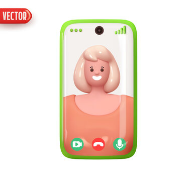 Mobile phone video communication on screen happy woman. Chat friends live. Mobile application for video calls. Smartphone virtual communication. Stylish design in cartoon 3d style. Vector illustration