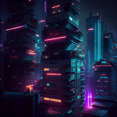 image made by AI An image of a nighttime futuristic city with hyperrealistic lights and ultra detailed features, with vivid and bright colors in 8k, Hyperrealistic -
