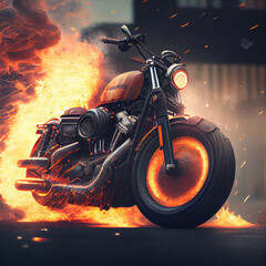 stunning classic motorbike on fire, epic chopper or scrambler motorcycle