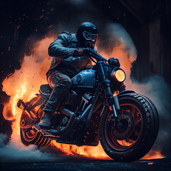 Biker riding classic motorbike on fire, epic chopper or scrambler motorcycle