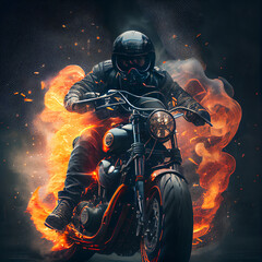 Biker riding classic motorbike on fire, epic chopper or scrambler motorcycle