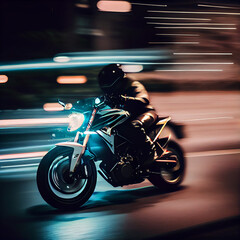 Obraz premium Stunning photo of biker motorcyclist driving sportbike with neon lights