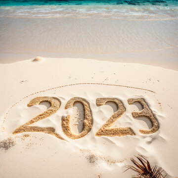 praia com escrito 2023 feliz ano novo no paraíso 