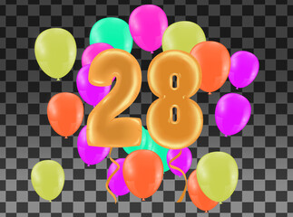  celebration 28 birthday Happy birthday, congratulations poster. Balloons numbers with sparkling confetti. Vector