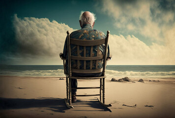 an old man with a sitting in an old wooden rocking chair on the beach on the sandy beach. Generative AI